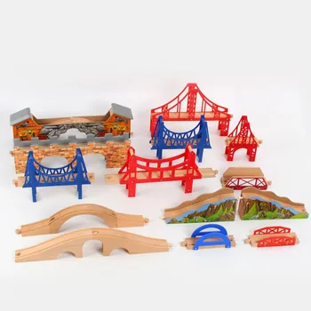Trem de madeira Partes da Trilha Ponte de Madeira Ferroviária Brinquedos Pistas de Corrida Acessórios de Brinquedos Educativos para Crianças de Presente