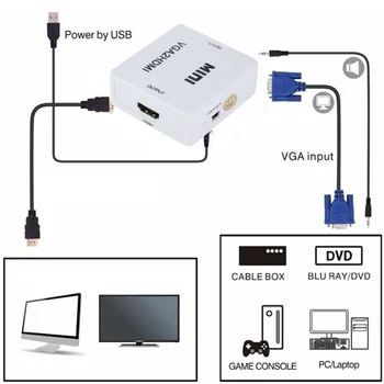 Mini VGA para HDMI compatível com o Conversor de VGA2HDMI de Vídeo do Adaptador de Áudio 1080P Para o PC do Caderno de HDTV, Projetor TV Portátil
