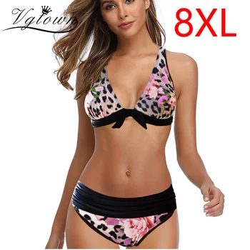 Plus Size 8XL o Swimwear das Mulheres Mais Até estampa de Leopardo de Duas peças Swimsuit de Verão de Natação do Traje de Praia de Biquini
