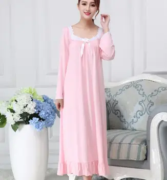 Algodão Mulheres Pijamas Princesa de Algodão para Dormir vestido Feminino Manga Longa Camisola Elegante Romântico rosa loungewear