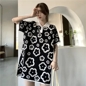 O coreano 2021 teste padrão de Flor Solta Mulheres Plus Size Verão Boneca Gola Polo T-camisa Casual manga curta T-shirt de comprimento médio Tee
