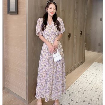 Maxi Boho Vintage Tropical Férias De Praia Vestidos De Mulheres Chiffon Longo Vestido Floral Verão 2021 Pista Coreano Elegante Vestido De Festa