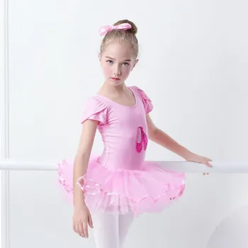 Cor-de-rosa Balé de Vestir para Raparigas Crianças Tutu de Lantejoulas Desgaste de Dança Infantil de Manga Curta Princesa Puffy Vestido de Trajes de Dança
