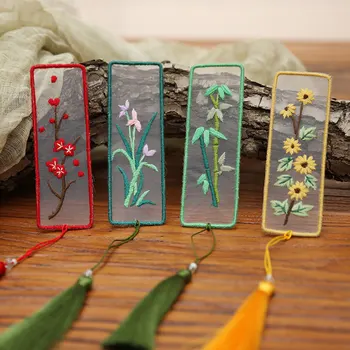 Flor de Bambu Padrão Retângulo Marcador Inacabado de Organza Bordado Kit DIY de Costura de Ponto de Cruz, Conjunto de Borla Thread do Pacote de Ferramentas de