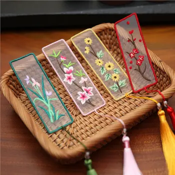 Flor de Bambu Padrão Retângulo Marcador Inacabado de Organza Bordado Kit DIY de Costura de Ponto de Cruz, Conjunto de Borla Thread do Pacote de Ferramentas de