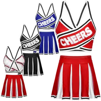 Mulheres Cheerleader Traje Uniforme De Torcida Roupa De Volta Cruz Crop Top Com Cintura Alta Saia Plissada Cheerleader Sexy Cosplay
