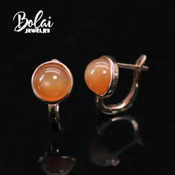 Bolai,laranja Natural moonstone rodada 8.0 mm, brincos de prata 925 simples temperamento das mulheres do desgaste diário delicadas jóias