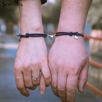 2pcs / set coração ímã atrai casal Pulseira de Charme Jóias ajustável corda trançada pulseiras amor jóias de presente para as mulheres, homens