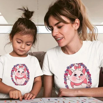 Disney Família Roupas Gráfico T-Shirts Marie Cat Mãe e Filha Tshirt Femme Manga Curta França Rua Ulzzang Moda