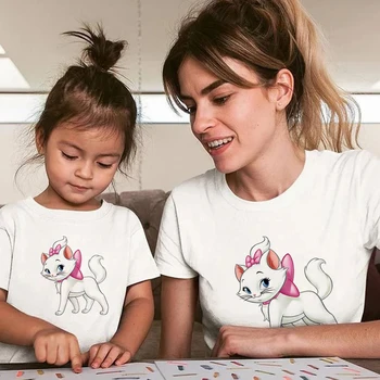 Disney Família Roupas Gráfico T-Shirts Marie Cat Mãe e Filha Tshirt Femme Manga Curta França Rua Ulzzang Moda