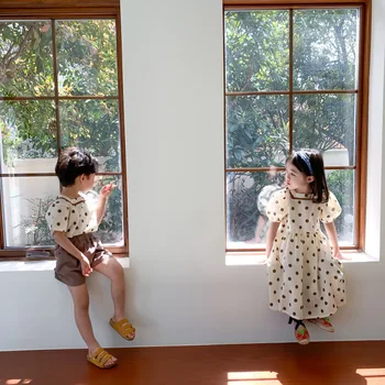 O irmão e a Irmã Crianças 2021 Verão Meninos e Meninas de Shorts de Duas peças de Ponto Redondo Algodão Padrão Bonito Terno Vestido de Princesa Saia