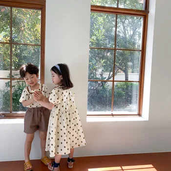 O irmão e a Irmã Crianças 2021 Verão Meninos e Meninas de Shorts de Duas peças de Ponto Redondo Algodão Padrão Bonito Terno Vestido de Princesa Saia