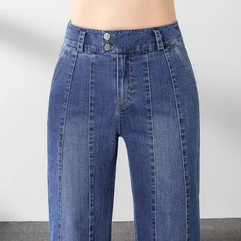 2021 Novas Senhoras de Largura de Perna Reta Listrado com Elástico, calça Jeans Outono Inverno de calças Jeans coreano Moda Cintura Alta Tamanho Plus S Para 5XL