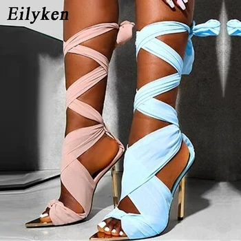 Eilyken Sexy Apontou Dedo do pé Aberto Sandálias das Mulheres Moda Verão Tornozelo Cruz-amarrado Lace-up de Salto Agulha Senhoras de Vestido de Festa de Sapatos