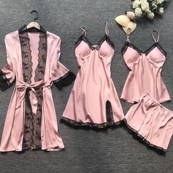 Cor-de-rosa Lace Sexy Lingerie Conjunto de Verão de Mulheres Pijama de 4 peças de Seda Funda Cetim Pijama Conjunto de Mulheres de Casa Roupas