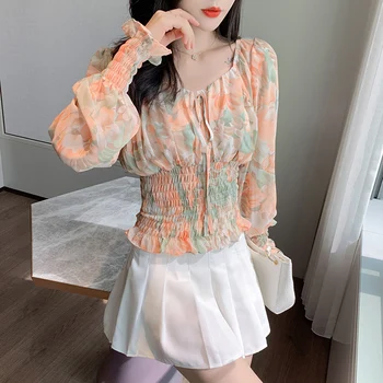 2020 Mulheres Blusas Arco Quadrado Colar de Moda Casual Outono Blusas de Manga Longa de Impressão Camisas de Chiffon Womens Tops e Blusas 10537