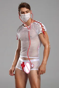 2021 Homens Sexy Fantasia Body Enfermeiro Trajes Brancos De Halloween Cosplay Uniforme Líquido Camisa Calcinha Estetoscópio Máscara De Role-Playing