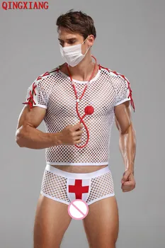2021 Homens Sexy Fantasia Body Enfermeiro Trajes Brancos De Halloween Cosplay Uniforme Líquido Camisa Calcinha Estetoscópio Máscara De Role-Playing