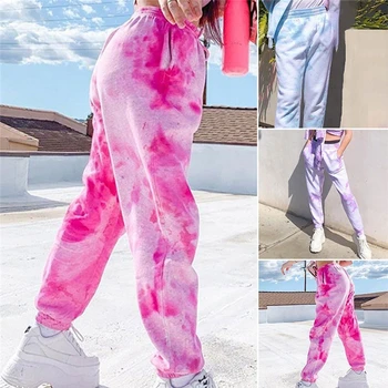 2021 Tie Dye Cavallari Mulheres Elástico de Cintura Alta Calças Largas Hip Hop Casual Calças Soltas Senhora de Moda cor-de-Rosa Calças calças de Jogging