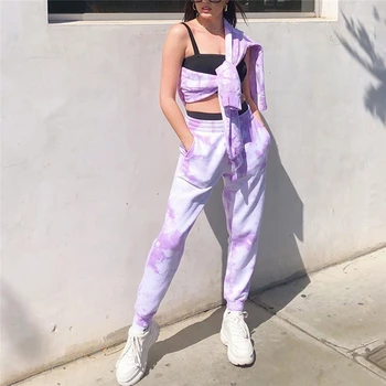 2021 Tie Dye Cavallari Mulheres Elástico de Cintura Alta Calças Largas Hip Hop Casual Calças Soltas Senhora de Moda cor-de-Rosa Calças calças de Jogging