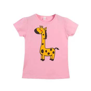 Crianças novas Manga Curta T-shirt de desenhos animados Girafa de Pescoço Redonda Meninas Blusa Meia Manga