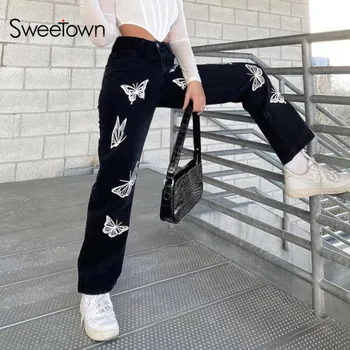 Sweetown Preto Largas calças de Brim das Mulheres Borboleta Branca de Impressão Y2K Estética de Jeans, Calças coreano Moda Cintura Alta em linha Reta Calças