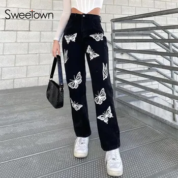 Sweetown Preto Largas calças de Brim das Mulheres Borboleta Branca de Impressão Y2K Estética de Jeans, Calças coreano Moda Cintura Alta em linha Reta Calças
