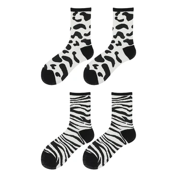 2/1Pairs Moda Feminina Causal Meias Meias de Mulher Zebra Stripe Padrão de Harajuku Outono Inverno Preto e Branco Leopard Meias
