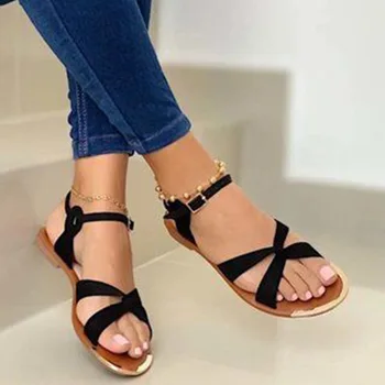 2021 Verão As Mulheres Sandálias De Ouro Aberto Toe Sapatos De Praia Gladiador Cruz Senhoras Sandálias De Tiras Zapatos Mujer