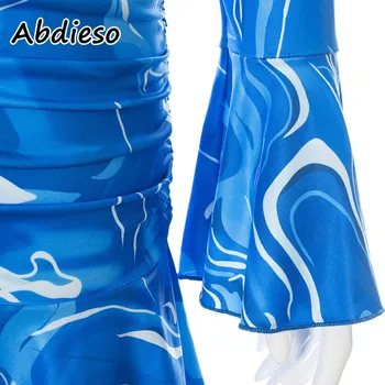 Abdieso Tie Dye Impressão De Outono, As Mulheres Se Vestem De Moda Babados 2021 Azul Decote Em V Flare Manga Sexy Mini Bodycon Vestido De Festa De Roupas