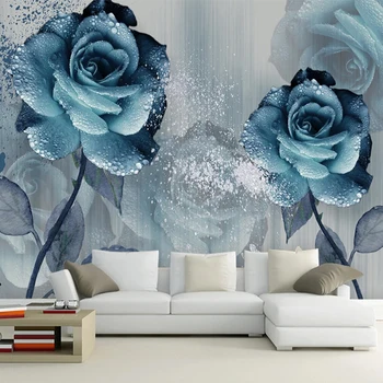Foto de papel de Parede Moderno e Criativo 3D Aquarela Azul Rose Flores de Arte Mural, Sala de estar, Quarto de Fundo de Parede Decoração Adesivo