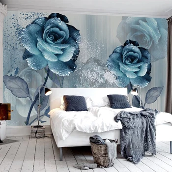 Foto de papel de Parede Moderno e Criativo 3D Aquarela Azul Rose Flores de Arte Mural, Sala de estar, Quarto de Fundo de Parede Decoração Adesivo