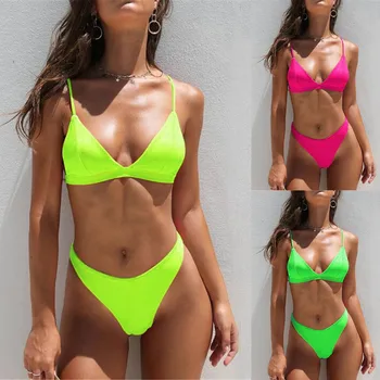 Swimwear das mulheres Duas Peças Biquini cor Neon Sólido Acolchoado Push-Up Maiô sexy Biquini Bikini 2021 mujer Monokini Biquini