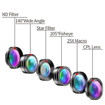 APEXEL Novo 6In1 Kit de Lente de Câmera de Fotógrafo Telemóvel Kit de Lentes Macro, Grande Angular Olho de Peixe CPL Filtro para iPhone Xiaomi Mi9