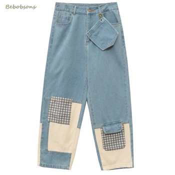 Moda Streetwear Jeans Para Mulheres De Comprimento Total Lattice Patch Lavado Jean Jeans De Senhoras Em Linha Reta Calças De Cintura Alta