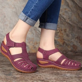 Mulher De Verão Vintage Sandálias De Cunha Fivela Casual De Costura Mulheres Sapatos Femininos Senhoras Plataforma Retro Sandalias Plus Size