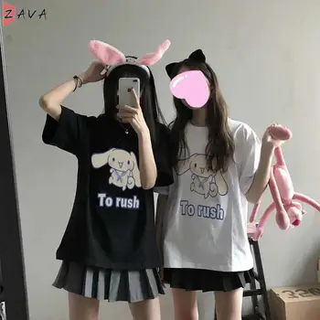 Japonês Cottom Doce Cartoon Print T-shirt Manga Curta Feminino, Estudante de Roupas largas Adolescentes Meninas Lolita Y2k Tees Verão Tops