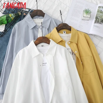 Tangada 2021 Mulheres Brancas Clássico da Camisa virada para Baixo de Gola Manga Longa Chic Feminino Casual Tops, Blusas XQ03