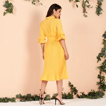 Nova Verão Vestido das Mulheres 2021 Sólido Amarelo com Decote em V Pétala Mangas Laço Corset Plissado Bainha Digna Doce Maxi Vestidos Longos