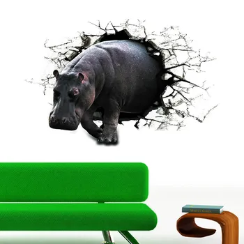 3D Animal de Hipopótamo Etiqueta do PVC Adesivos de Parede papel de Parede Decoração Sala de estar
