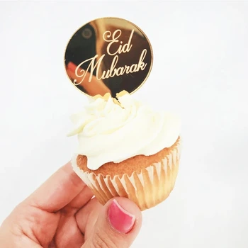 5PCS Eid Mubarak, 5cm Círculo de Acrílico Cupcake Topper Ouro Ramadã Bolo Topper para o Hajj Mubarak Decorações de bolos Muçulmano de Eid Cozimento
