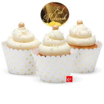 5PCS Eid Mubarak, 5cm Círculo de Acrílico Cupcake Topper Ouro Ramadã Bolo Topper para o Hajj Mubarak Decorações de bolos Muçulmano de Eid Cozimento