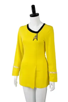 Estrela Traje Trek TOS Uniforme Dever Vestido de Algodão Azul Vermelho Amarelo T-Shirt de Mulher Roupa de Cosplay de Halloween, Carnaval Vestido de Fantasia