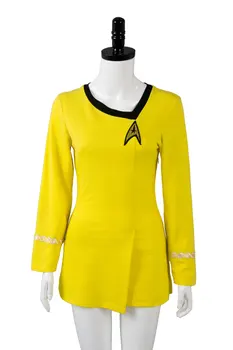Estrela Traje Trek TOS Uniforme Dever Vestido de Algodão Azul Vermelho Amarelo T-Shirt de Mulher Roupa de Cosplay de Halloween, Carnaval Vestido de Fantasia