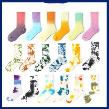 A primavera e o verão meias das mulheres tubo de meias tie-dye gradiente de cor de suspensão de tintura de esportes tubo longo da maré meias homens de meias de algodão