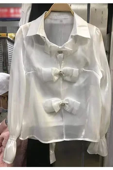 2021 Primavera Verão Elegante Chiffon Arco de Manga Longa Blusa Camisa feminina desligar Collor Slim Vintage Camisas Superior Para as Mulheres