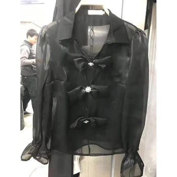 2021 Primavera Verão Elegante Chiffon Arco de Manga Longa Blusa Camisa feminina desligar Collor Slim Vintage Camisas Superior Para as Mulheres