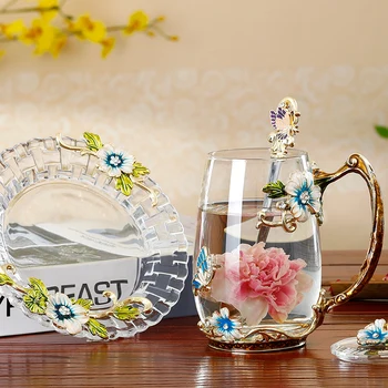 High-End de Esmalte Copo de Água luz de luxo, Família Rosa Xícara de Chá com uma Colher Conjunto Europeu Caneca de Café Quente E Frio, Copos de Bebidas