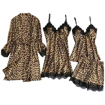 Sexy 4-pedaço de Cetim de Seda do Pijama Mulheres Nightdress Lingerie Vestes Underwear, Sleepwear Sexy Leopard Pijamas casado Conjunto платье