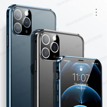 Magnético de Metal Dupla de Vidro Temperado de Telefone de Caso Para o iPhone 12 11 Pro Máximo de 12 MINI à prova de Choque Flip Completo de Protecção de Caso